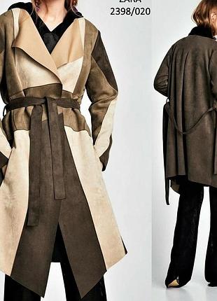 Zara - куртка-тренч коричнево-бежевая, с замшевой отделкой, в стиле пэчворк, - р. 48-50