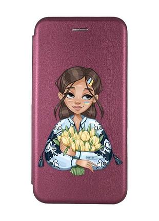 Чехол-книжка с рисунком для samsung galaxy a03s бордовый :: девушка с тюльпанами (принт 22)