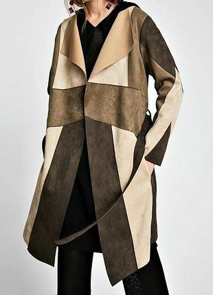 Zara — куртка-тренч коричнево-бежева, із замшевим оздобленням, у стилі печворк, — р. 48-50
