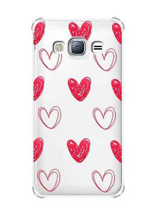 Чехол с утолщенными углами на samsung galaxy j3(2016) j310 :: сердечка красные (принт 77)