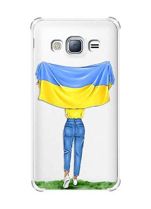 Чехол с утолщенными углами на samsung galaxy j3(2016) j310 :: девушка с флагом (принт 263)