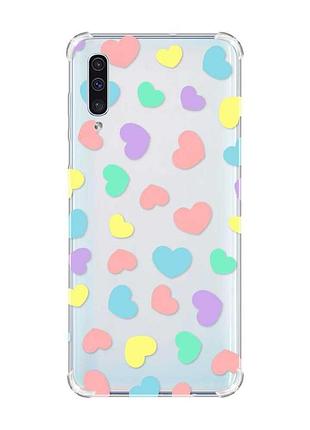 Чехол с утолщёнными углами на samsung galaxy а50 (2019) а505 :: разноцветные сердечка (принт 335)