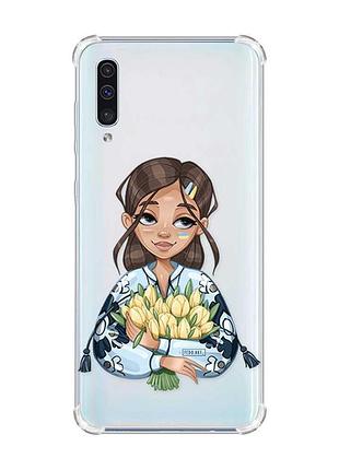 Чехол с утолщёнными углами на samsung galaxy а50 (2019) а505 :: девушка с тюльпанами (принт 22)