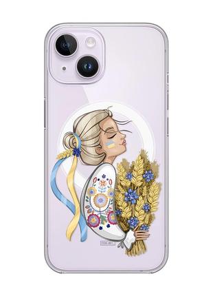 Магнитный чехол на iphone 15 с поддержкой magsafe :: украинка с колосками (патриотический принт 173)