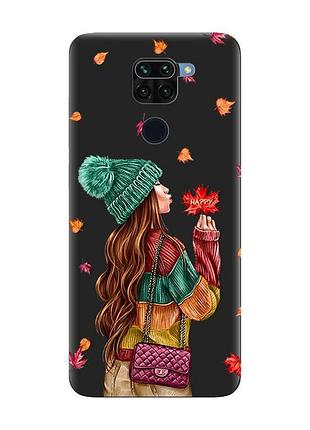 Матовый черный чехол на xiaomi redmi note 9 :: девушка с листьями (принт 221)
