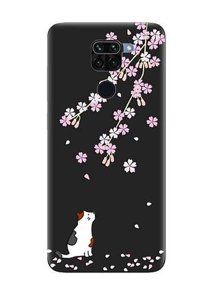 Матовый черный чехол на xiaomi redmi note 9 :: котик и сакура (принт 283)