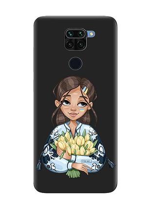 Матовый черный чехол на xiaomi redmi note 9 :: девушка с тюльпанами (принт 22)