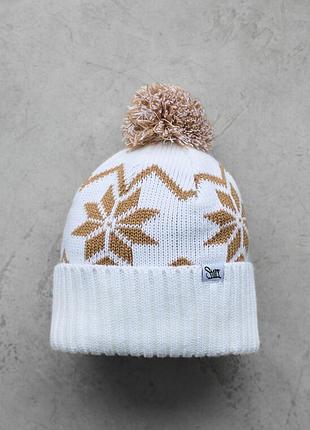 Зимова шапка з орнаментом staff white & beige pattern pompon