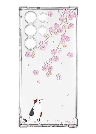 Чехол с утолщёнными углами на samsung galaxy s23 ultra :: котик и сакура (принт 283)