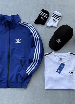 Спортивный набор мужской adidas 6 в 1: кофта синяя штаны черная футболка белая кепка + 2 пары носка