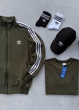 Спортивный набор мужской adidas 6 в 1: кофта хаки, штаны черные, футболка хаки, кепка + 2 пары носка