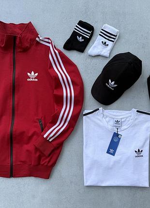 Спортивный набор мужской adidas 6 в 1: кофта красная, штаны черные, футболка белая, кепка + 2 пары носка