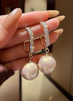 Сережки подвески класические с жемчугом розовый