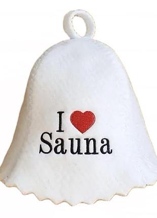 Шапка для бани и сауны с яркой вышивкой "i love sauna" белая