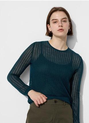 Тонкий изумрудный сетчатый джемпер uniqlo с шерстью - размер s