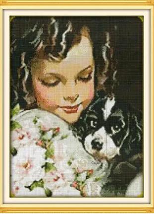 Набір для вишивання за нанесеною на канву схемою "dog and girl".aida 14ct printed , 32*42 см