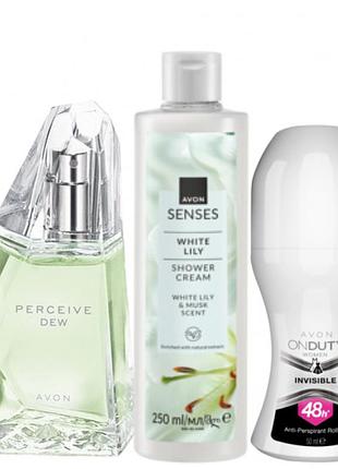 Набор для нее "весенний комплимент" avon туалетная вода perceive dew для нее 50 мл, крем-гель для душа «белая лилия» 250мл, дезодорант-антиперспирант