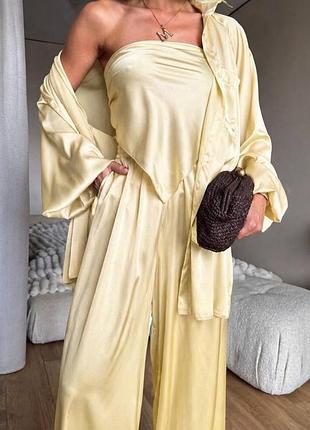 Женский шелковый костюм-тройка oversize (брюки+рубашка+голубик)- стильный комплект 6