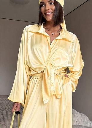 Женский шелковый костюм-тройка oversize (брюки+рубашка+голубик)- стильный комплект 9