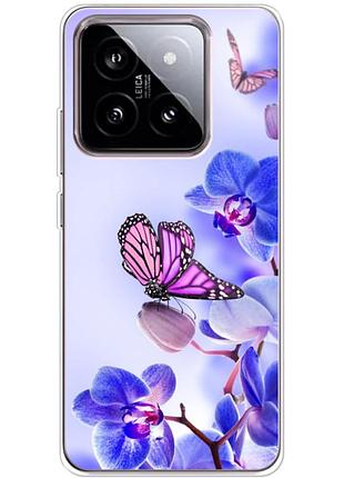 Чехол силиконовый с картинкой на xiaomi 14 (цветок, бабочка на орхидее)
