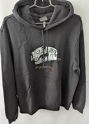 Худі чоловіче h&m,xl,чорне,фліс,малюнок,з,капішоном,поліестер,малюнком,написом,вільне,кофта,демісезон,бобка,батнік