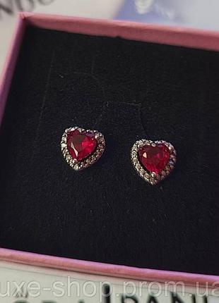 Сережки панд. срібні "червоне серце", pand. 925 проба, красное сердце, кульчики гвіздочки пусети сердечко