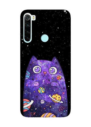 Матовый чехол с розовыми боками на xiaomi redmi note 8 :: фиолетовая кошка (принт 361)