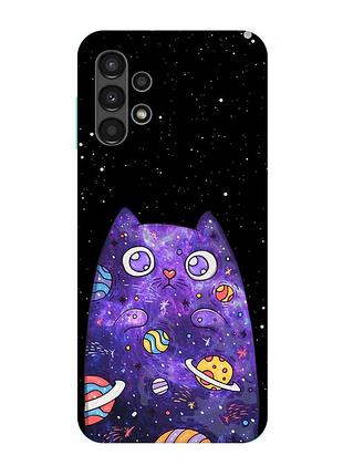 Матовый чехол с бирюзовыми боками на samsung galaxy a13 4g :: фиолетовая кошка (принт 361)