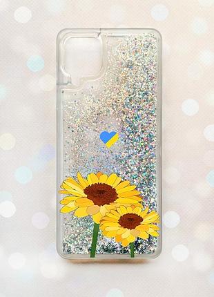 Чехол с плавающими блестками samsung galaxy a12 серебряный :: желтые цветы (патриотический принт 364)