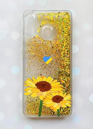 Чехол с плавающими блестками на samsung galaxy a30(2019) a305/a20 золотой :: желтые цветы (принт 364)