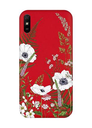 Матовый красный чехол на xiaomi redmi 9a цветы полевые (принт 363)