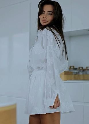 Костюм женский оверсайз летний  хлопковый из прошвы, рубашка и шорты, дизайнерский, белый, 4
