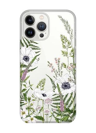 Прозрачный чехол с защитой камеры на iphone 14 pro max :: цветы полевые (принт 363)