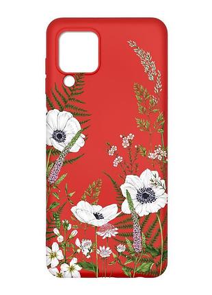 Матовый красный чехол на samsung galaxy m32/a22/m22 4g цветы полевые (принт 363)