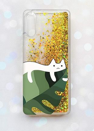Чохол з плаваючими блискітками samsung galaxy a02/a022 (2021) золотий :: кіт на листку (принт 367)