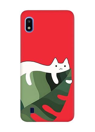 Матовый красный чехол на samsung galaxy а10 (2019) а105 :: кот на листе (принт 367)
