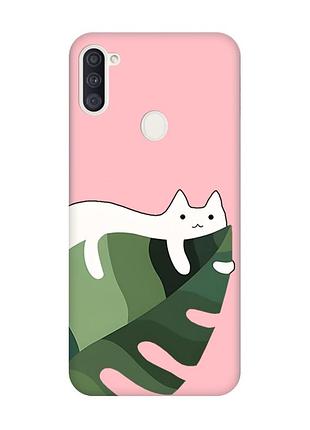 Матовый розовый чехол на samsung galaxy a11 :: кот на листе (принт 367)