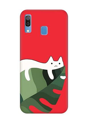 Матовый красный чехол на samsung galaxy a30 (2019) / a20 (2019) :: кот на листе (принт 367)