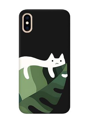 Матовый черный чехол на iphone xs max кот на листе (принт 367)