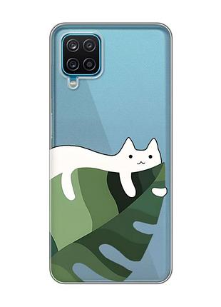 Прозорий чохол на samsung galaxy a12 4g :: кіт на листку (принт 367)