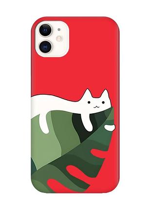 Матовый красный чехол на apple iphone 11 (6.1) :: кот на листе (принт 367)