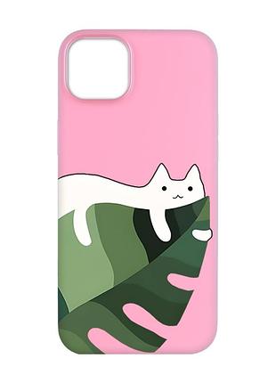 Матовый розовый чехол на apple iphone 14 plus :: кот на листе (принт 367)