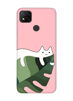 Матовый розовый чехол на xiaomi redmi 9c/10a :: кот на листе (принт 367)