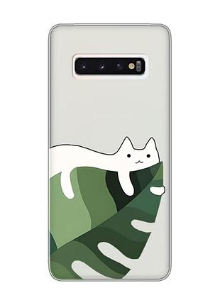 Прозорий чохол на samsung galaxy s10 :: кіт на листку (принт 367)