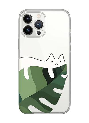 Прозрачный чехол с защитой камеры на iphone 14 pro :: кот на листе (принт 367)