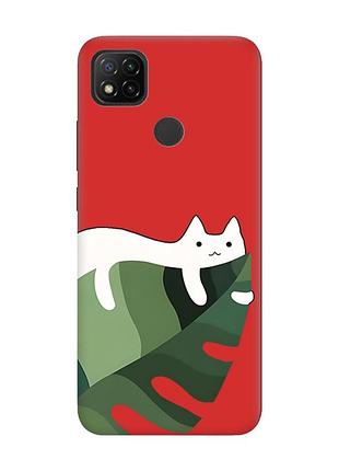 Матовый красный чехол на xiaomi redmi 9c/10a :: кот на листе (принт 367)