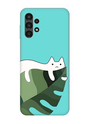 Матовый бирюзовый чехол на samsung galaxy a13 4g :: кот на листе (принт 367)