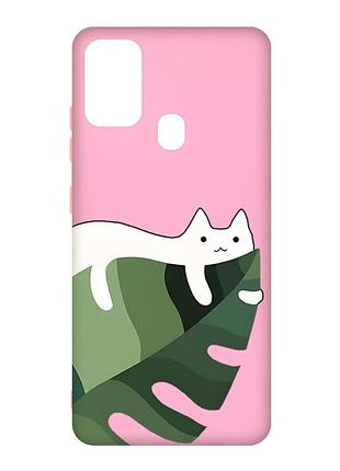Матовый розовый чехол на samsung galaxy m30s/m21 :: кот на листе (принт 367)