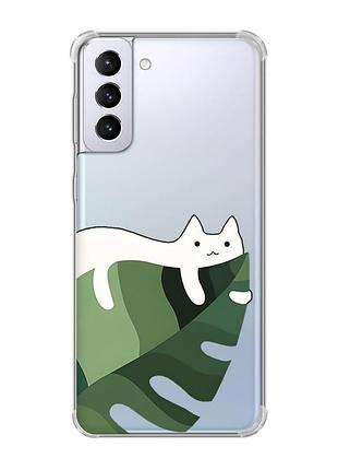 Чехол с утолщёнными углами на samsung galaxy s21 plus :: кот на листе (принт 367)