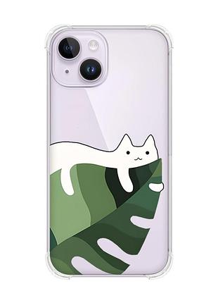 Чехол с утолщёнными углами на iphone 14 :: кот на листе (принт 367)